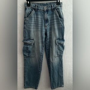 Zara Cargo Jeans Juniors Size 13/14 Blue High Rise Straight Leg Utility Denim